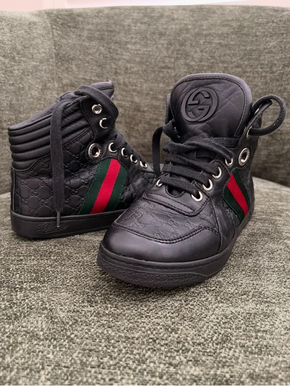 Gucci Boys Black High Top Sneakers GG Guccissima Web size 29 Stripe Lace Up